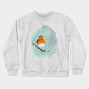 Robin on a tree branch in the snow Crewneck Sweatshirt